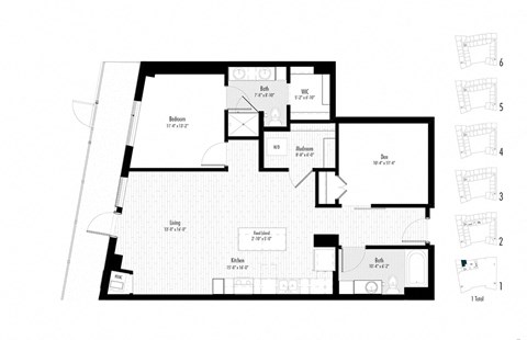 Floor plan for 1 bed, 2 baths, 1117 sqft